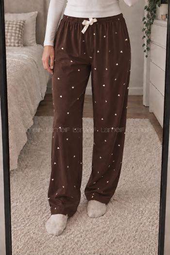 Lamelif Milan Kumaş Kahve Krem Kalp Desenli Pijama Altı
