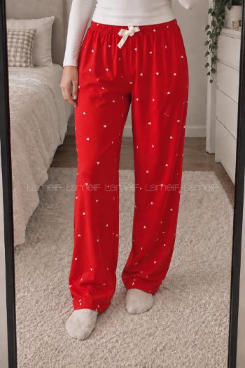 Lamelif Milan Kumaş Kırmızı Kalp Desenli Pijama Altı