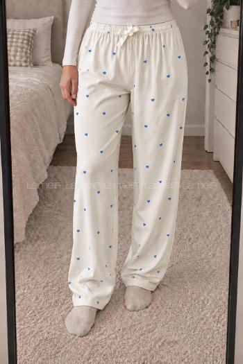 Lamelif Milan Kumaş Mavi Kalp Desenli Pijama Altı