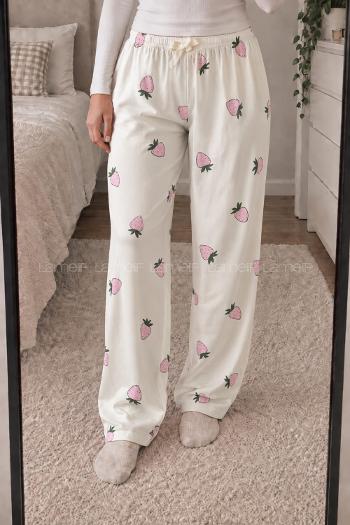 Lamelif Milan Kumaş Pembe Çilek Desenli Pijama Altı