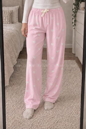 Lamelif Milan Kumaş Pembe Ekru Kalp Desenli Pijama Altı