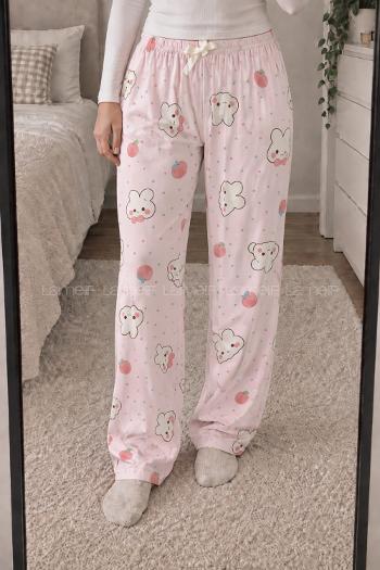 Lamelif Milan Kumaş Pembe Tavşan Desenli Pijama Altı