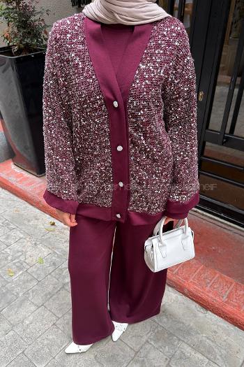 Lamelif Önü Düğmeli Pullu 3lü Hırkalı Takım Bordo