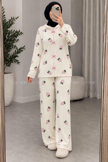 Lamelif Pembe Çilek Desenli Fiyonk Detaylı Pijama Takımı