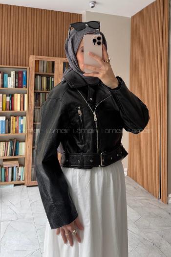 Lamelif Suni Deri Kemerli Ceket Siyah
