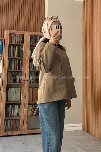 Lamelif Yakası Kadife Ön Cep Detaylı Trenç Koyu Vizonrengi