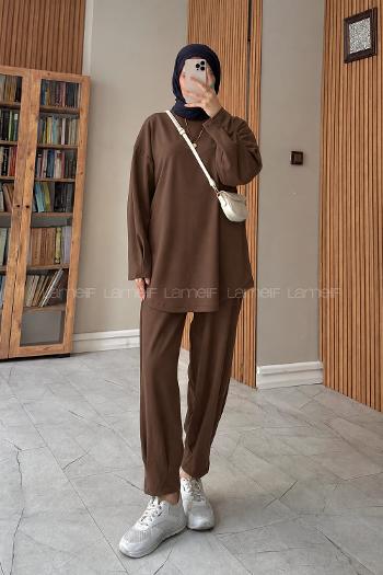 Brown Crew Neck Long Arm Without Accessories Elastic Trousers Suit