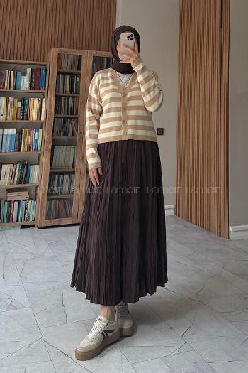Lamelif Çizgili Crop Hırka Camel