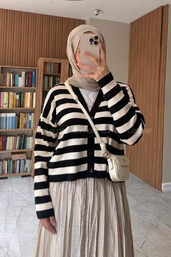 Lamelif Çizgili Crop Hırka Siyah