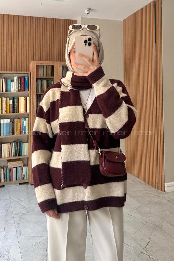 Lamelif Şal Detaylı Yumoş Hırka Bordo