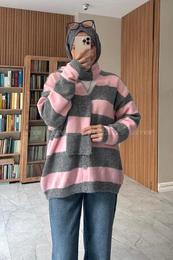 Pink V Neck Long Arm Cardigan