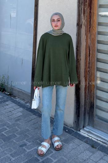 Lamelif Yırtmaç Detaylı Basic Bluz Koyu Yeşil