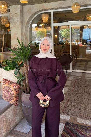 Lamelif Birit Detaylı Pantolonlu Keten Takım Mürdüm