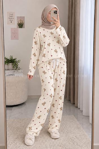 Cream-4 Crew Neck Long Arm Without Accessories Combed Fabric Regular Trousers Comfortable Pyjamas