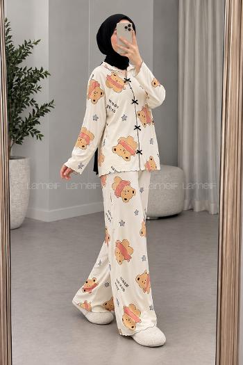 Lamelif Ayıcık-Yıldız Desenli Fiyonk Detaylı Pijama Takımı