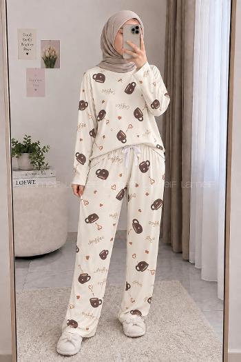 Lamelif Coffe Cup Detaylı Pijama Takımı