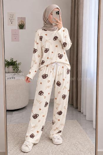 Lamelif Coffe Cup Detaylı Pijama Takımı