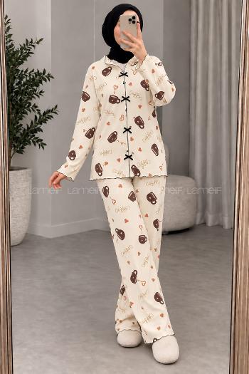 Lamelif Kahve Desenli Fiyonk Detaylı Pijama Takımı