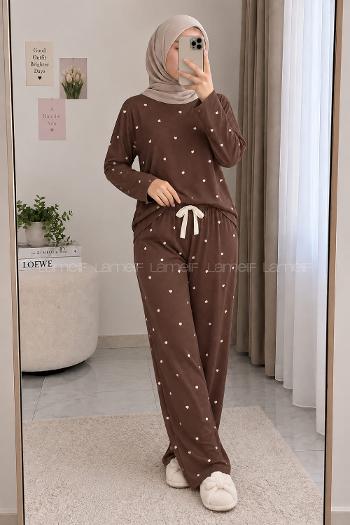 Dark Brown Crew Neck Long Arm Without Accessories Combed Fabric Regular Trousers Comfortable Pyjamas