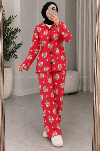 Lamelif Kırmızı Ayıcıklı Fiyonk Detaylı Pijama Takımı