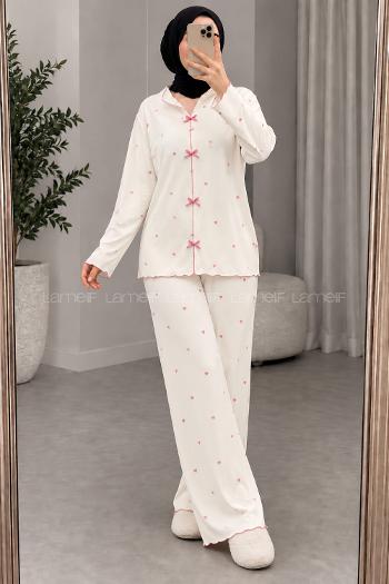Lamelif Pembe Kalp Desenli Fiyonk Detaylı Pijama Takımı