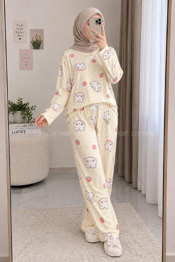 Cream-1 Crew Neck Long Arm Without Accessories Combed Fabric Regular Trousers Comfortable Pyjamas