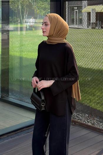 Lamelif Bisiklet Yaka Eteği Yırtmaçlı Sweat Siyah
