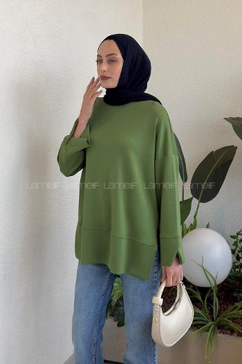 Lamelif Bisiklet Yaka Eteği Yırtmaçlı Sweat Yeşil