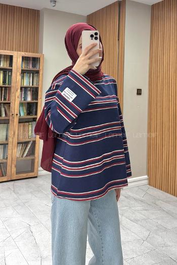 Lamelif Çizgili Kol Armalı Sweat Lacivert Bordo