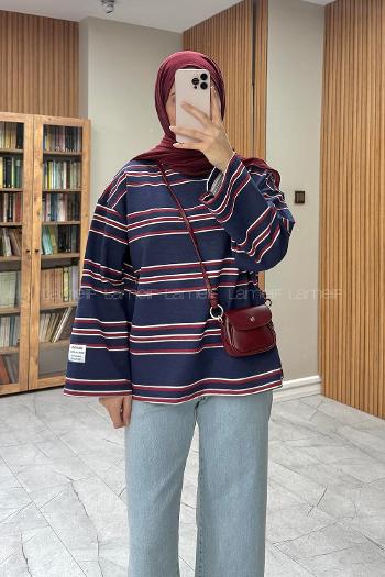 Lamelif Çizgili Kol Armalı Sweat Lacivert Bordo