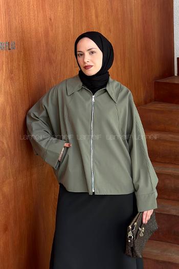 Khaki Shirt Collar Bat Sleeve Arm Jacket