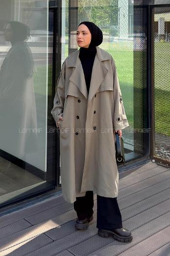 Lamelif Pelerin Detaylı Oversize Trenç Haki
