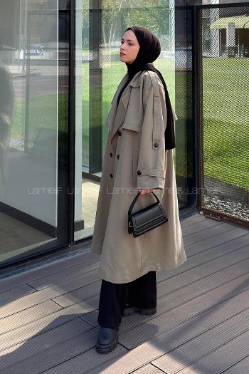 Lamelif Pelerin Detaylı Oversize Trenç Haki