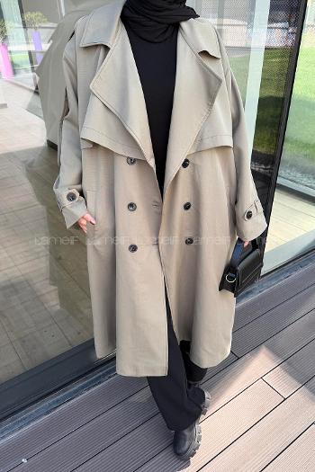 Lamelif Pelerin Detaylı Oversize Trenç Haki