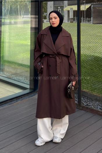 Lamelif Pelerin Detaylı Oversize Trenç Kahverengi