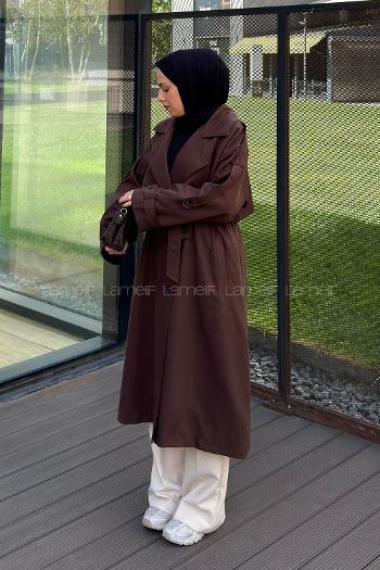 Lamelif Pelerin Detaylı Oversize Trenç Kahverengi