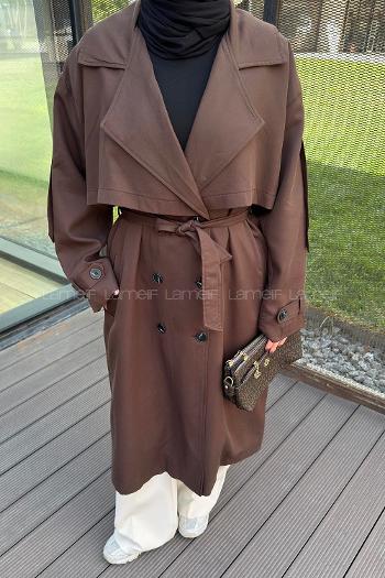 Lamelif Pelerin Detaylı Oversize Trenç Kahverengi