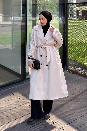 Lamelif Pelerin Detaylı Oversize Trenç Taş Rengi