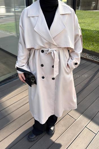 Lamelif Pelerin Detaylı Oversize Trenç Taş Rengi