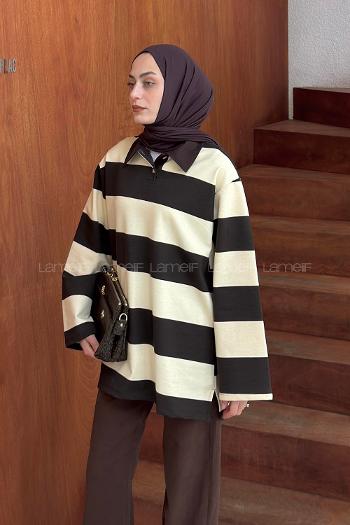 Lamelif Polo Yaka Çizgili Tunik Kahverengi