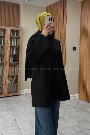 Lamelif Şal Detaylı Sakallı Ceket Siyah