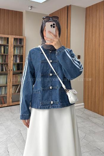 Lamelif Şerit Detaylı Birit Düğmeli Denim Ceket Kot Mavisi