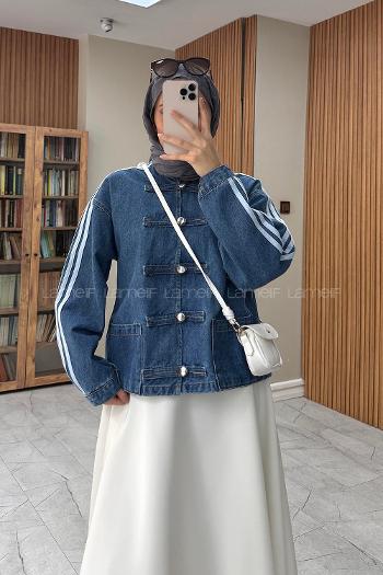 Lamelif Şerit Detaylı Birit Düğmeli Denim Ceket Kot Mavisi