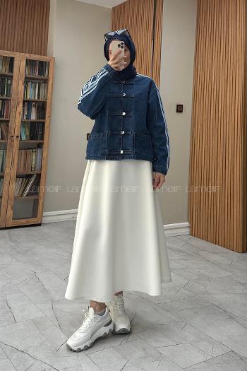 Lamelif Şerit Detaylı Birit Düğmeli Denim Ceket Koyu Mavi