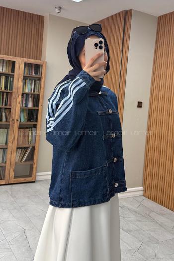 Lamelif Şerit Detaylı Birit Düğmeli Denim Ceket Koyu Mavi