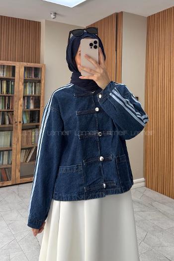 Lamelif Şerit Detaylı Birit Düğmeli Denim Ceket Koyu Mavi