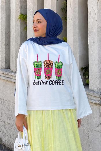 White-10 Crew Neck Long Arm Without Accessories Printed Blouse