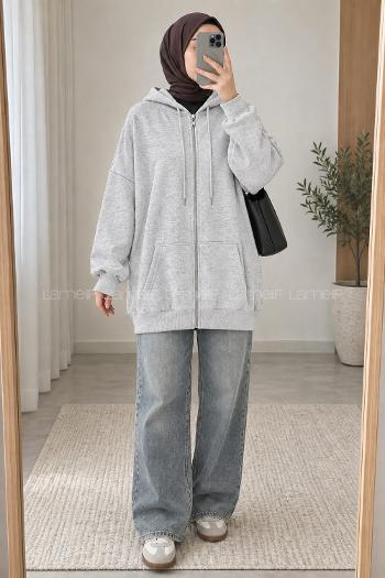 Lamelif Kapüşonlu Fermuarlı Sweatshirt Hırka Gri