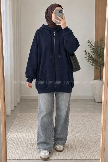 Lamelif Kapüşonlu Fermuarlı Sweatshirt Hırka Lacivert