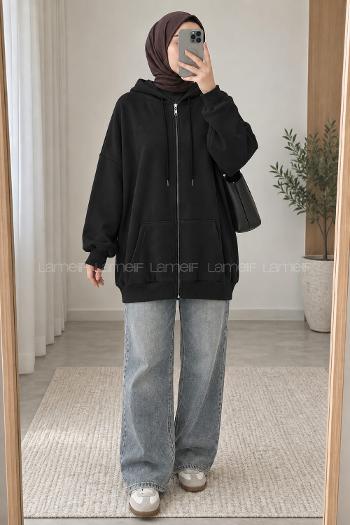 Lamelif Kapüşonlu Fermuarlı Sweatshirt Hırka Siyah